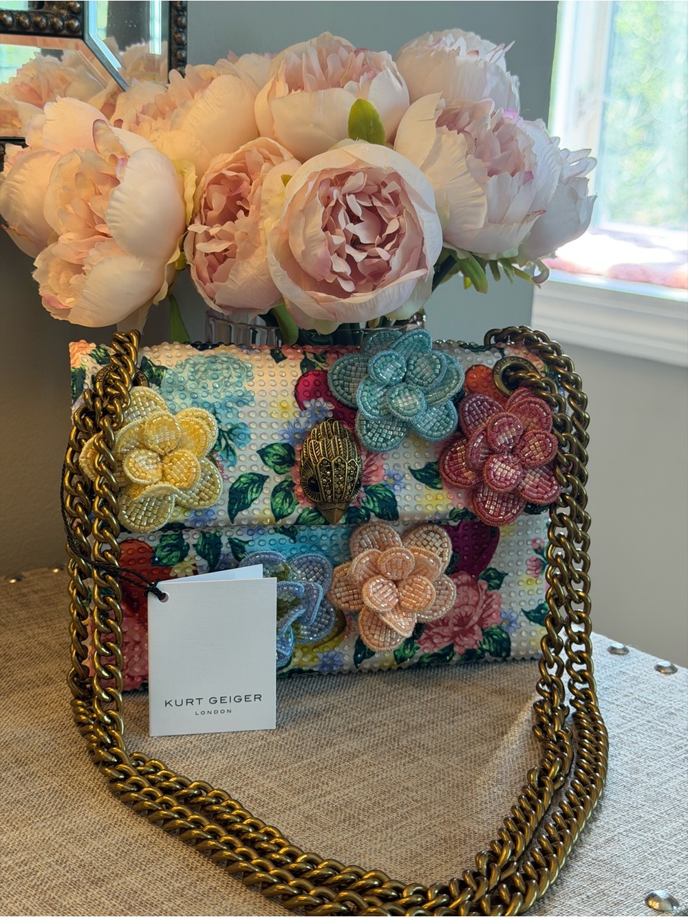 Kurt Geiger Multicolor Beaded Floral Shoulder Bag with Gold Chain - Picture 10 of 11